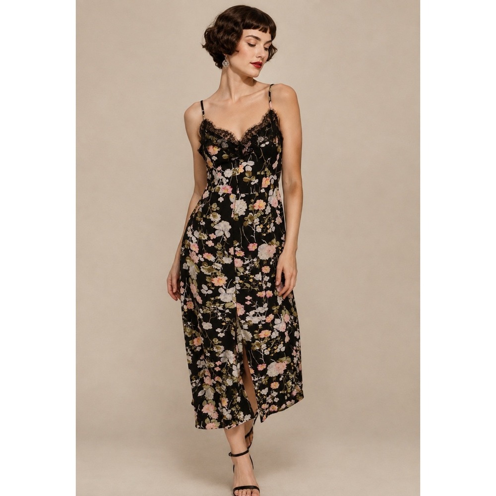 Premier Amour Size 10 Floral Lace Trim Maxi Dress Slit Lined